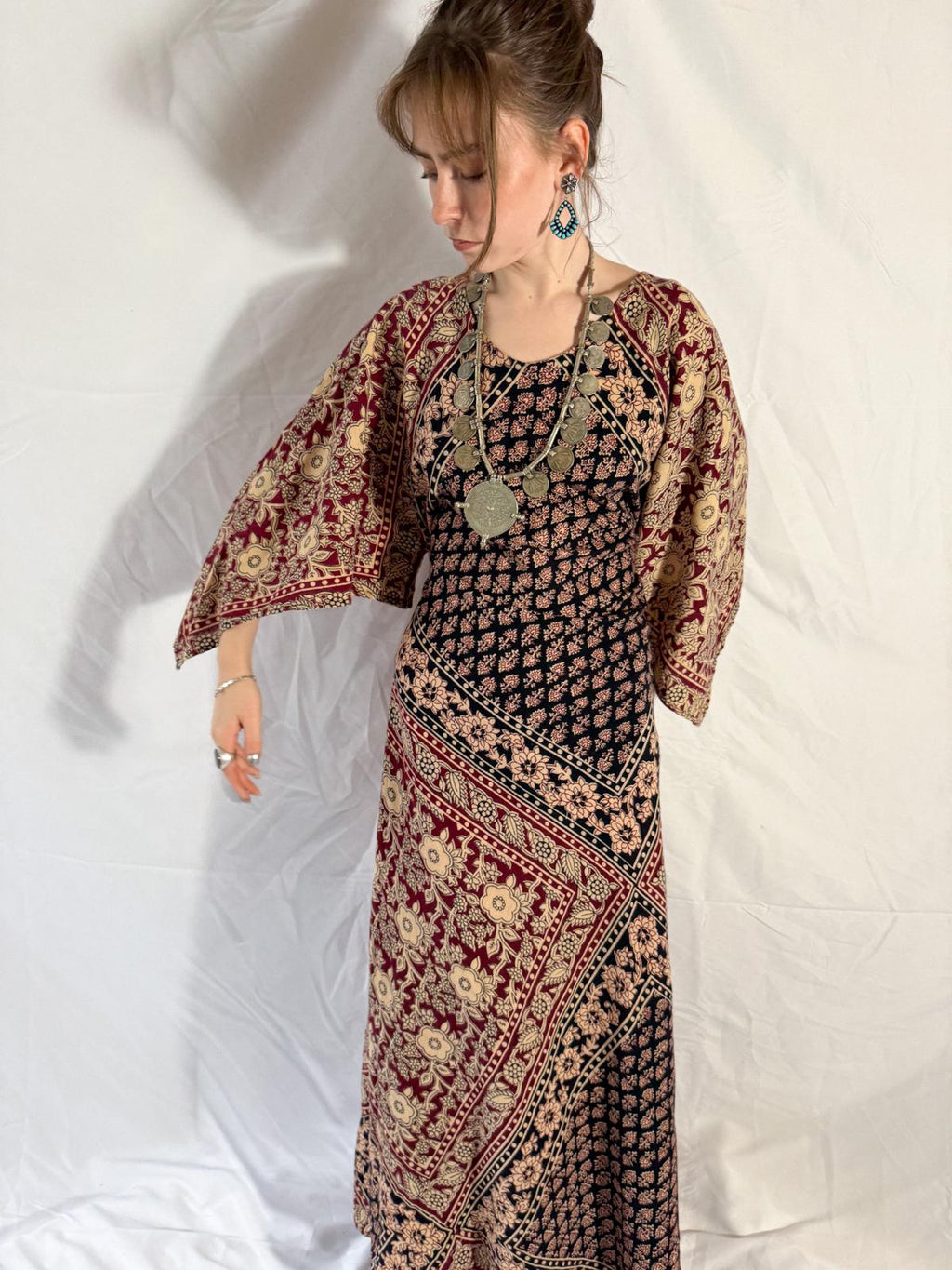1970s Kaiser Indian Block Print Cotton Maxi Kaftan Dress