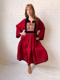 1970s Afghan Red Cotton Dress with Embroidered Yoke & Black Velvet