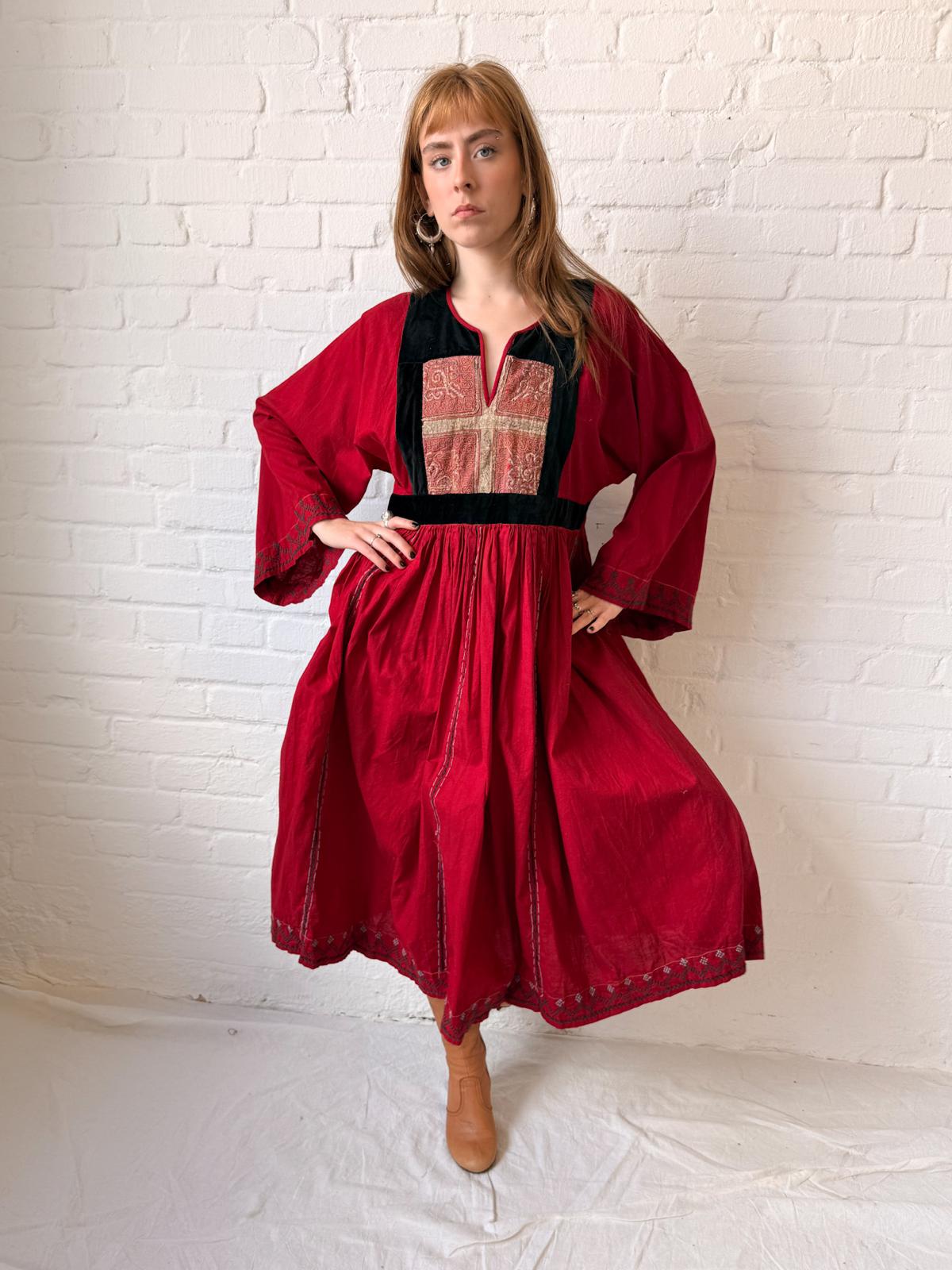 1970s Afghan Red Cotton Dress with Embroidered Yoke & Black Velvet