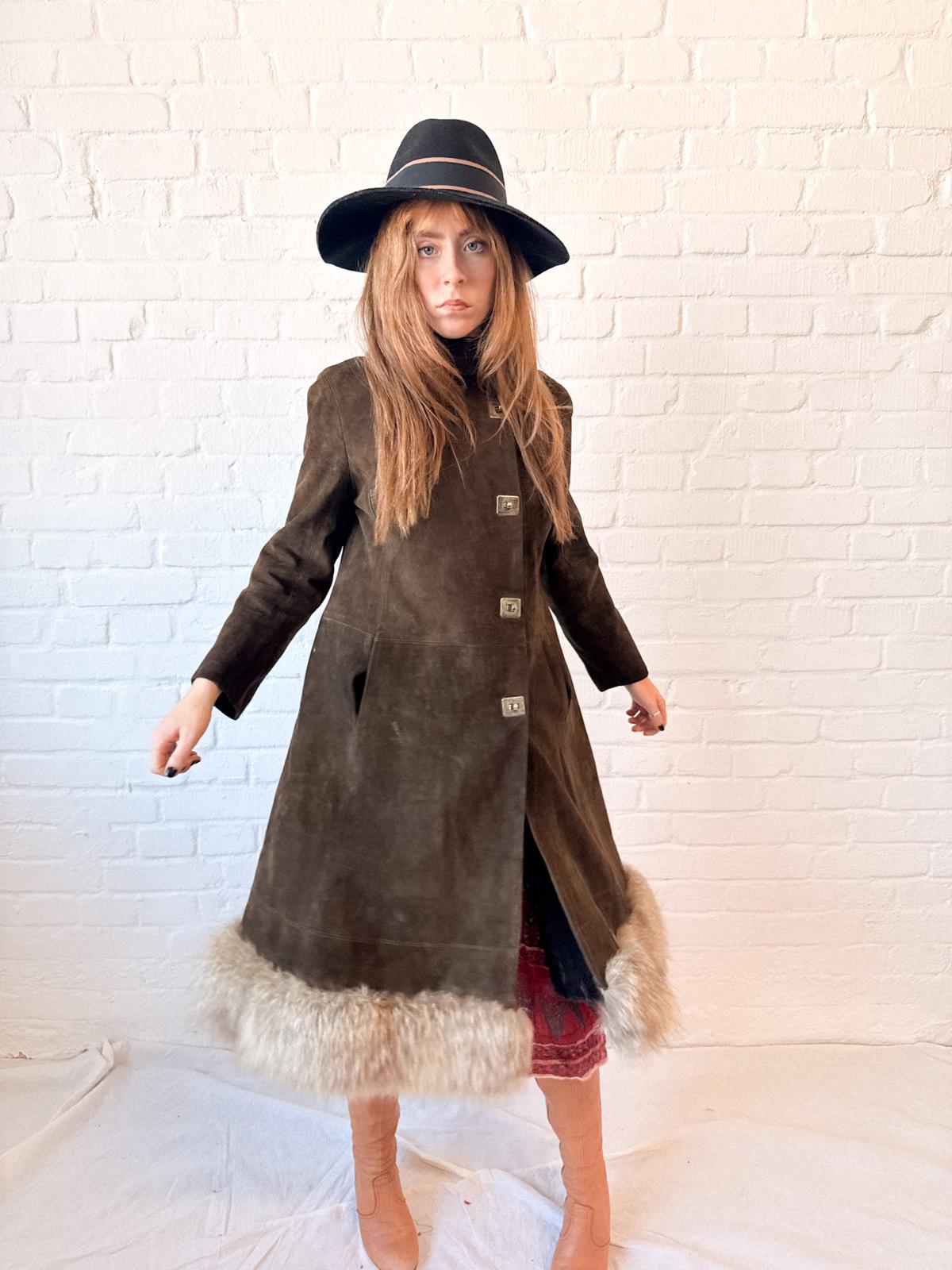 1970s Brown Suede Penny Lane Princess Coat with Statement Metal Fastenings
