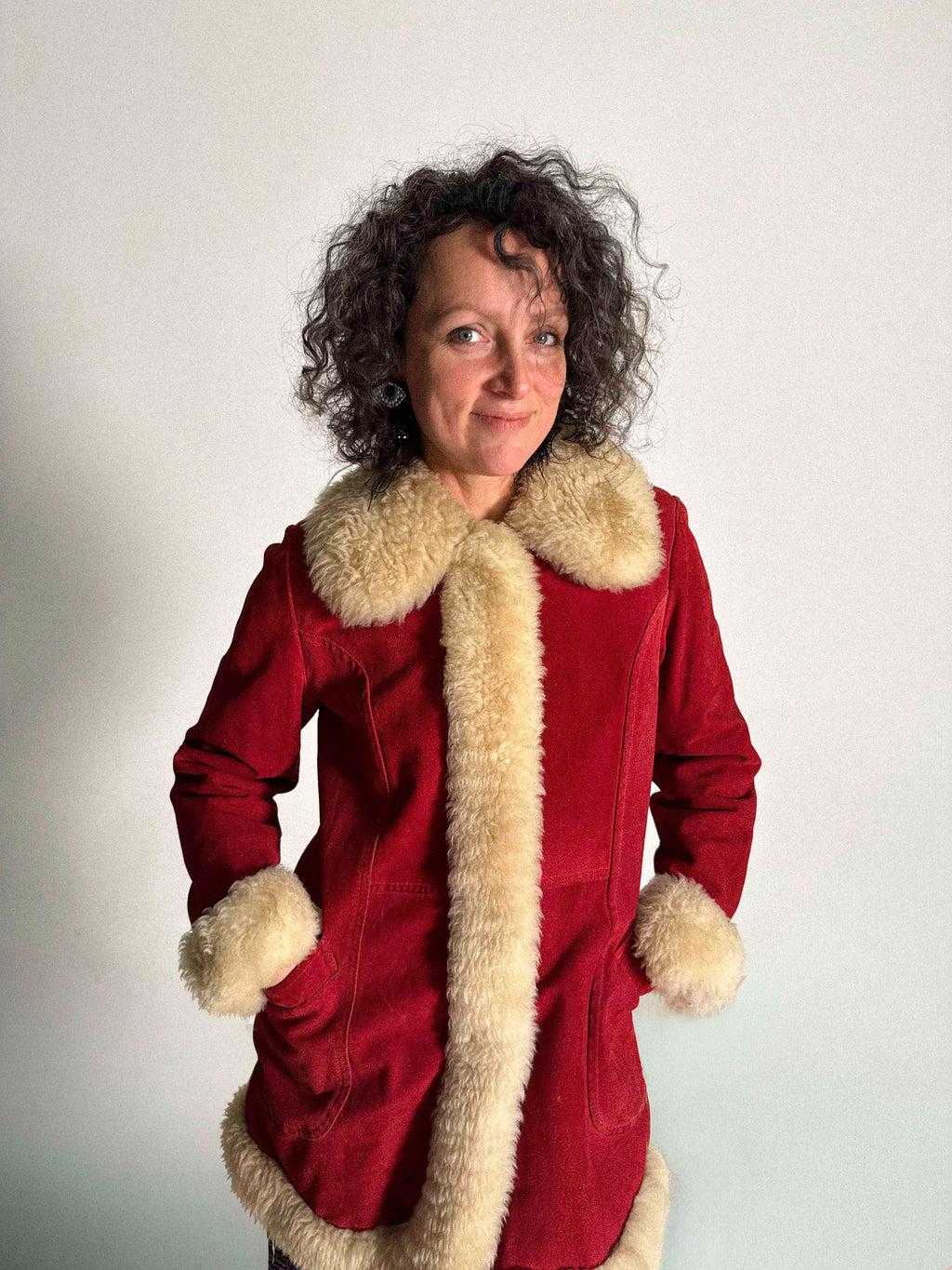 1960s/70s Cherry Red Shearling Coat with Sheepskin Trim