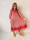 1970s Indian Cotton Gauze Floral Maxi Dress with Gold Stamping