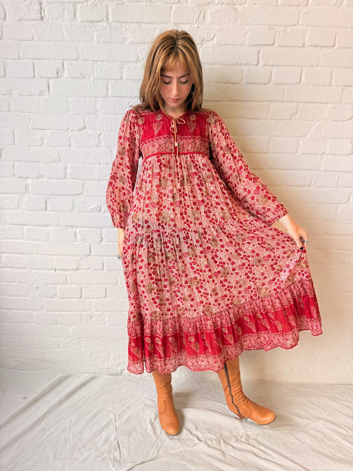 1970s Indian Cotton Gauze Floral Maxi Dress with Gold Stamping