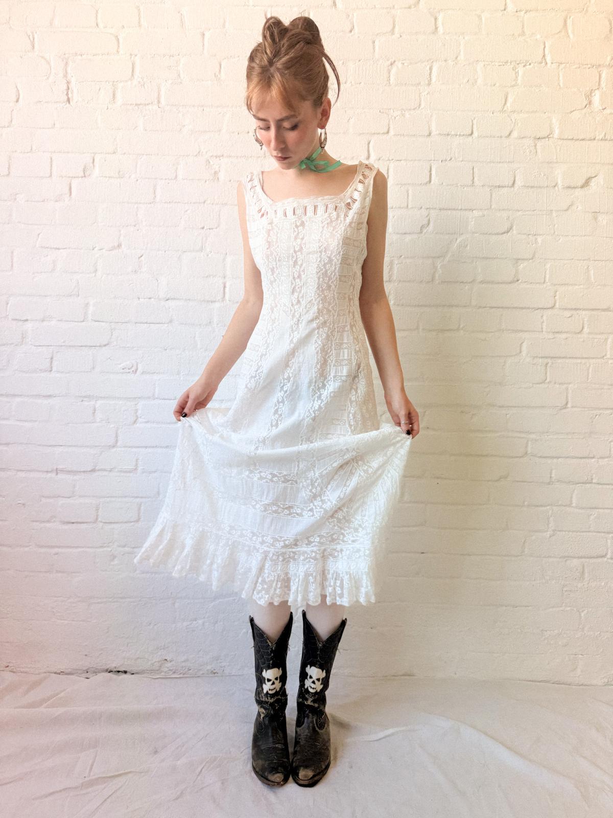 Antique 1910s Edwardian Lace Lingerie Dress – White Cotton & Lace Wedding Dress