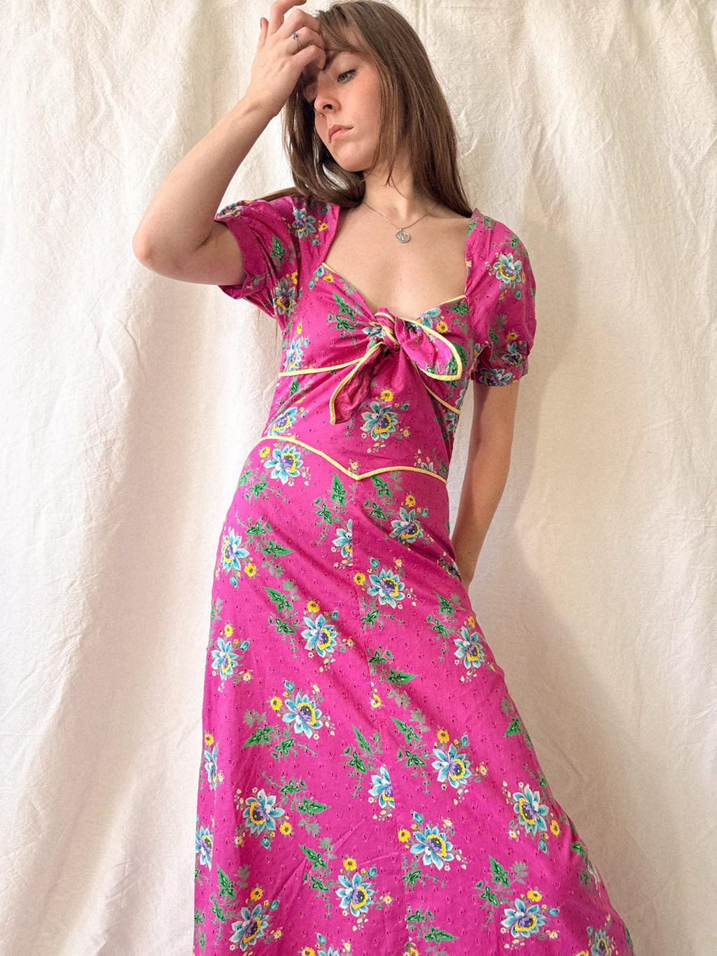 1970s Hot Pink Floral Broderie Anglaise Maxi Dress