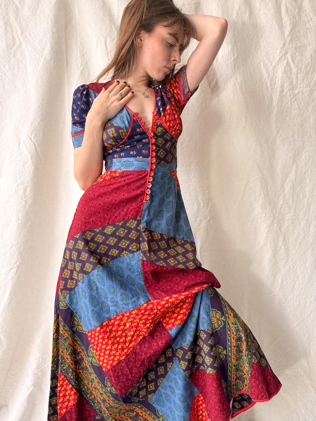 1970s Indian Cotton Patchwork Maxi Dress | Block Print Bohemian Folk Dress
