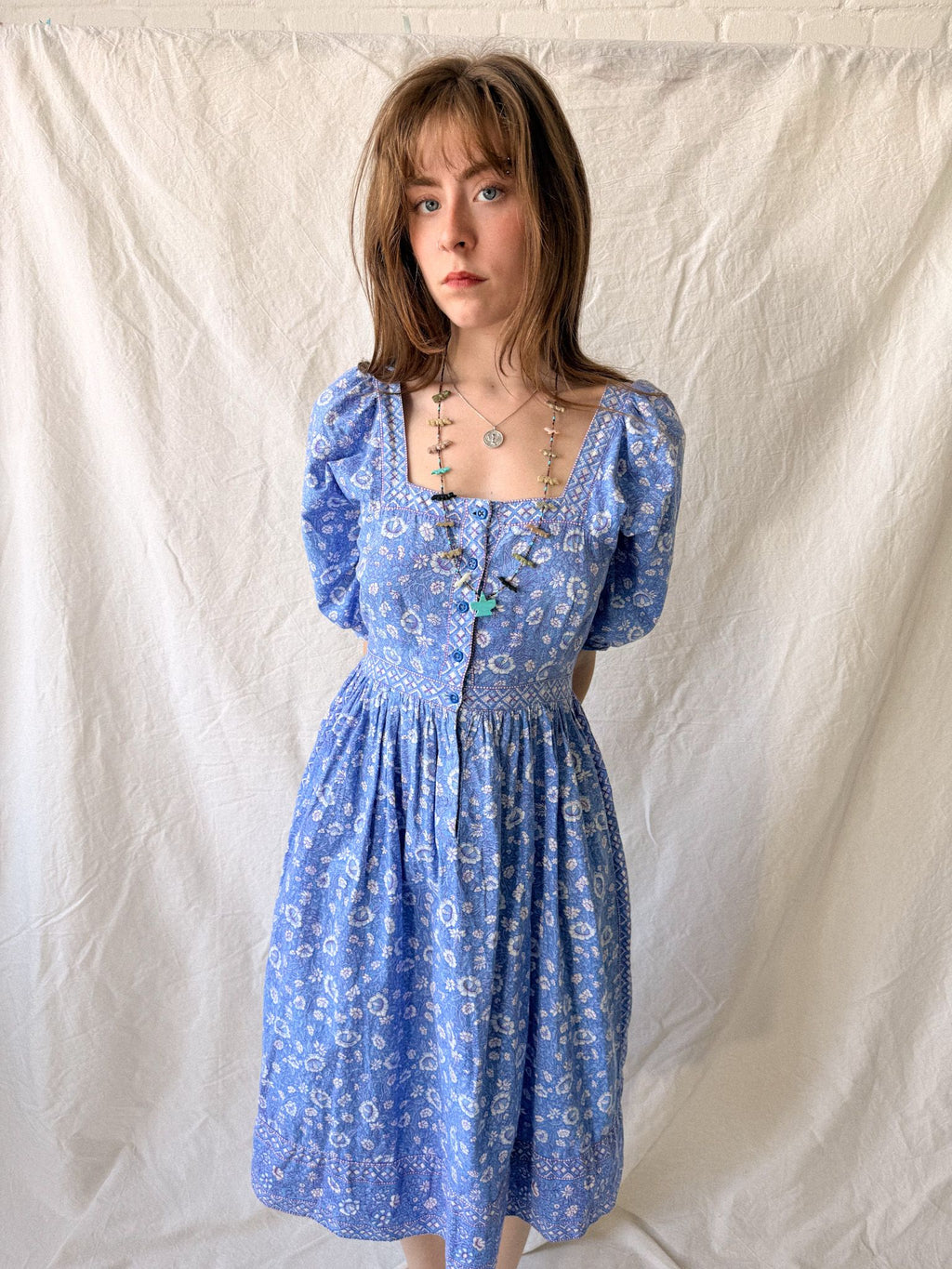 1970s Ritu Kumar for Rosafi Indian Blockprint Cotton Prairie Summer Dress