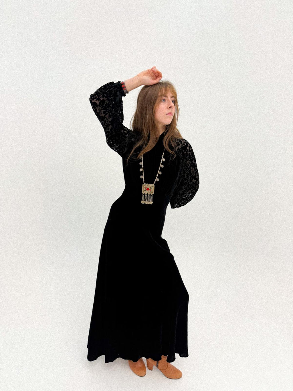 1930s Black Silk Velvet Bias-Cut Gown with Devoré Poet Sleeves