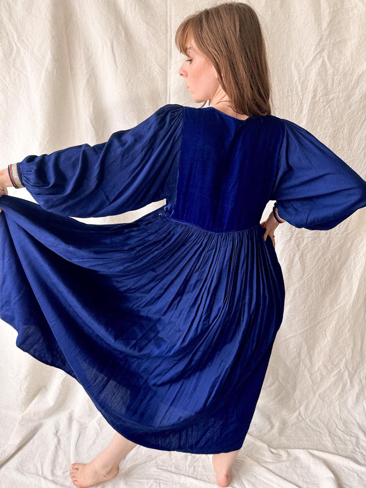 1970s Afghan Folk Dress in Cobalt Blue Velvet & Handworked Tribal Yoke