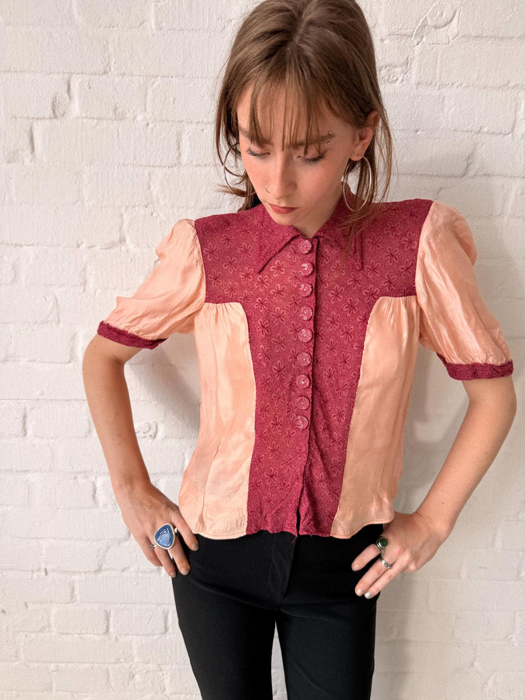 1930s Handmade Peach Satin & Embossed Floral Lace Blouse