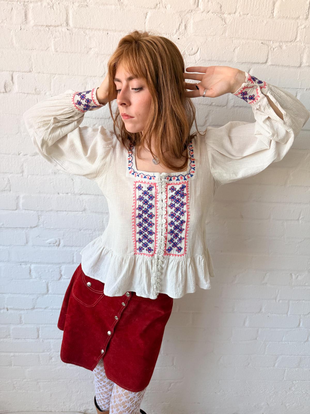 1960s–70s Embroidered Cotton Cheesecloth Peplum Blouse