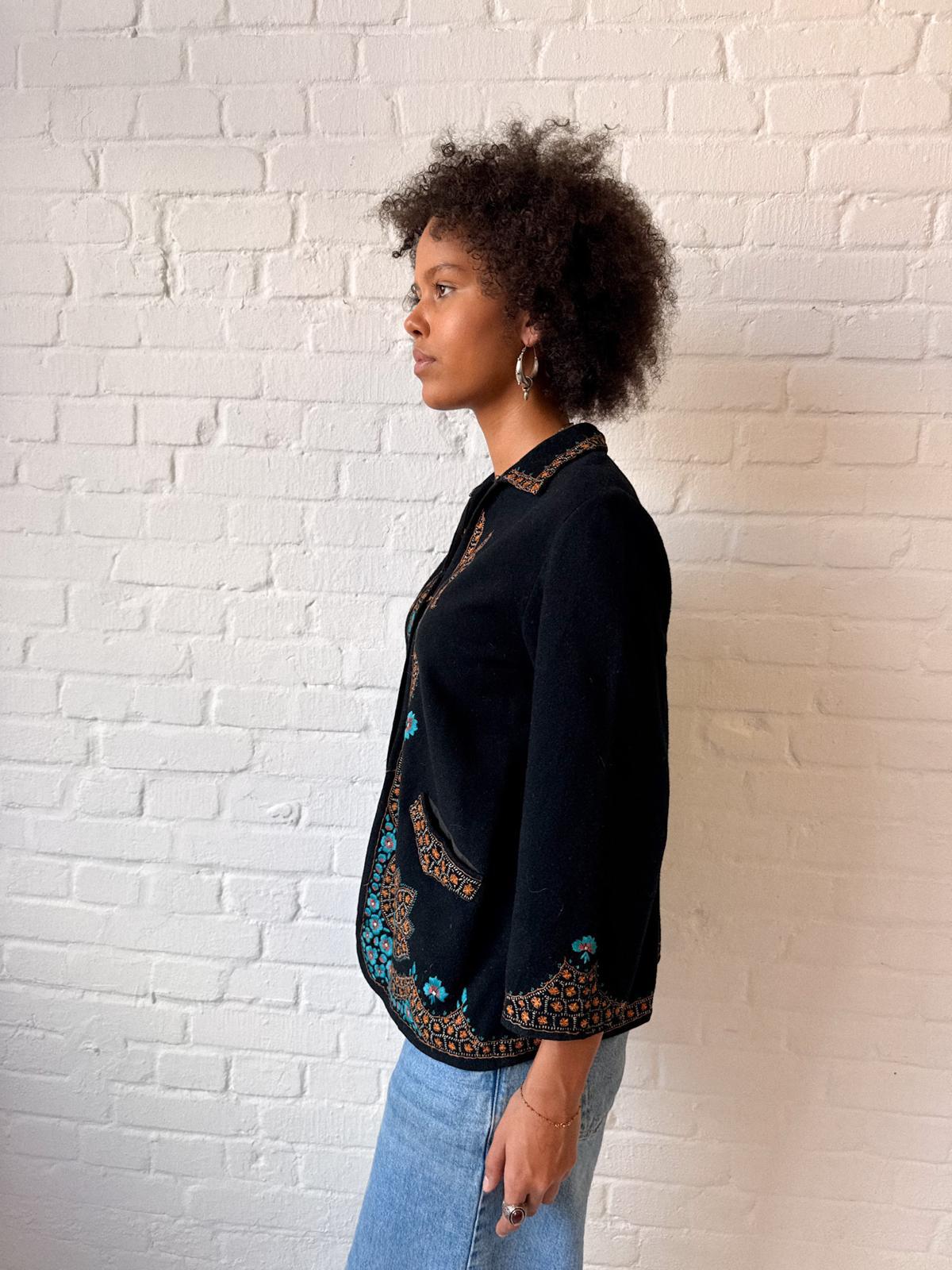 1920s–30s Black Wool Jacket with Kashmiri-Style Floral Embroidery