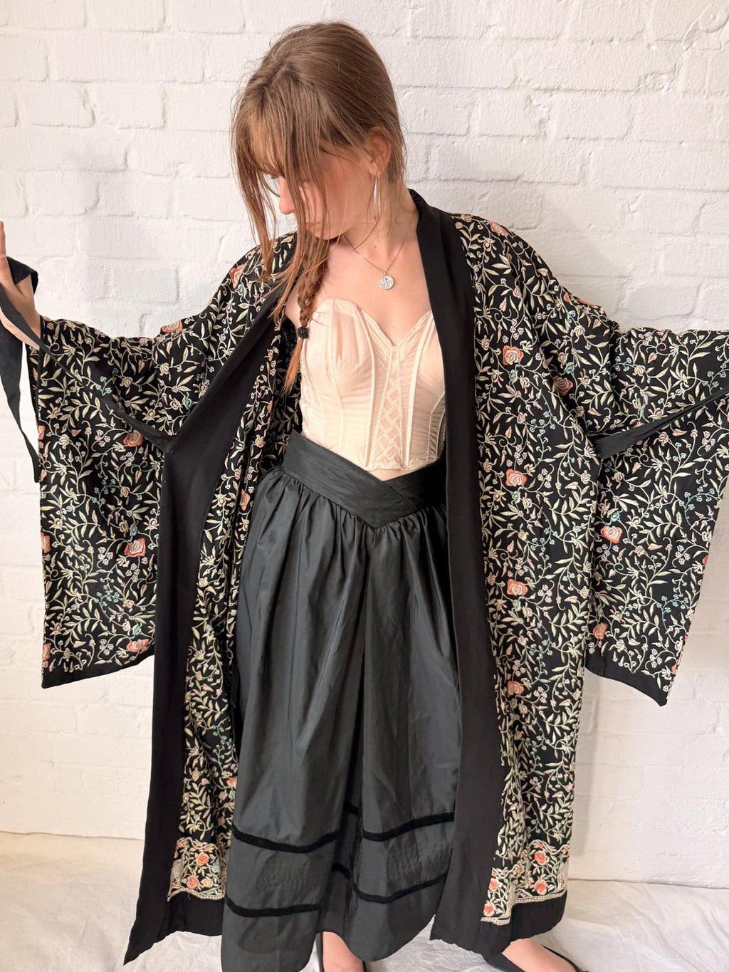 1920s Embroidered Peacock Hostess Kimono-Style Robe