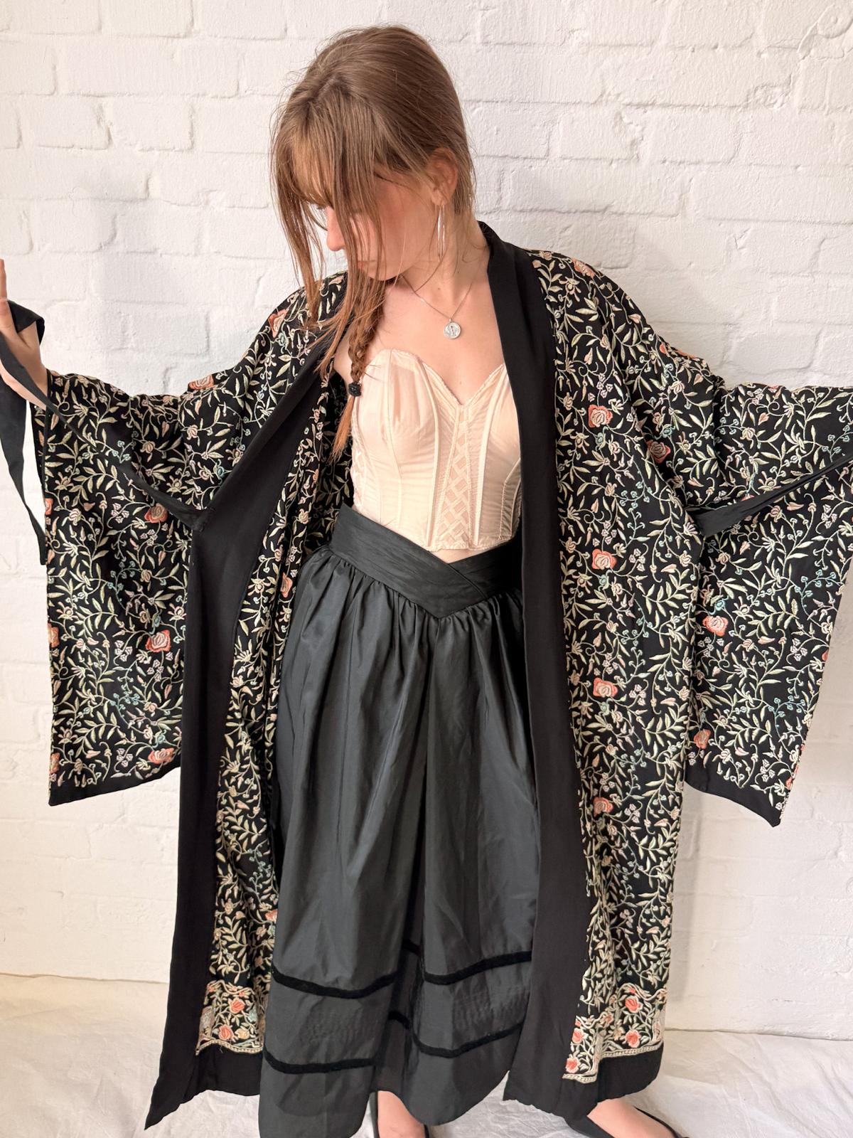 1920s Embroidered Peacock Hostess Kimono-Style Robe