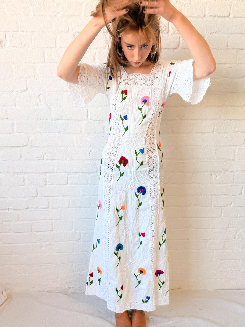1970s Mexican-Style Embroidered Cotton & Crochet Maxi Dress
