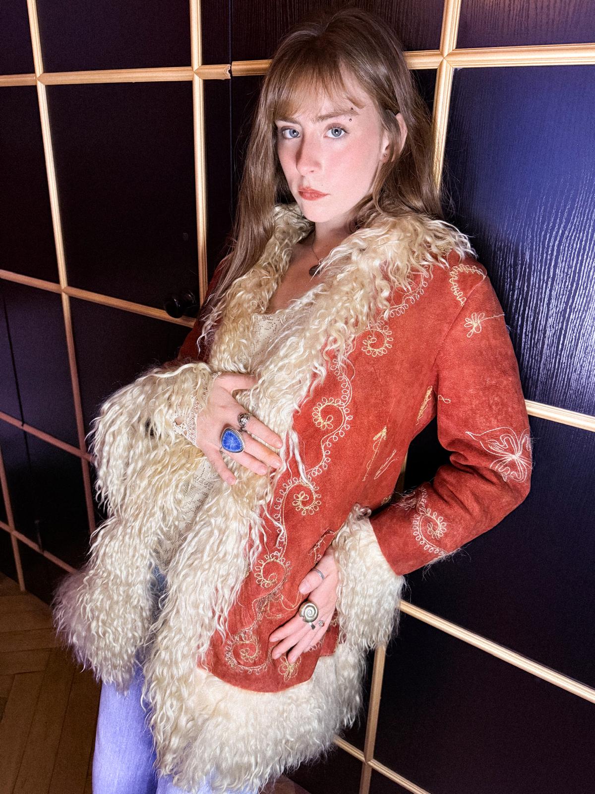 Rare 1960s Afghan Suede Lamb Shearling Penny Lane Coat – Tomato Red with Cream Trimmings