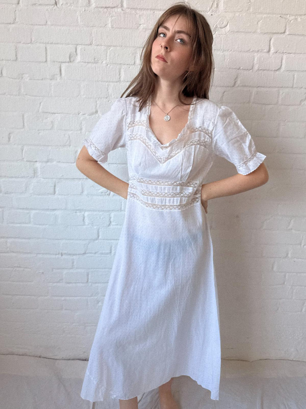 1930s White Cotton & Lace Nightdress | Pink Polka Dot Bias-Cut Dress