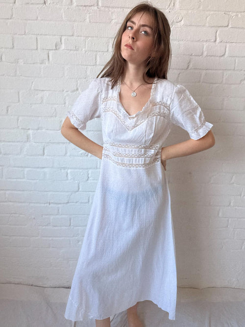 1930s White Cotton & Lace Nightdress | Pink Polka Dot Bias-Cut Dress