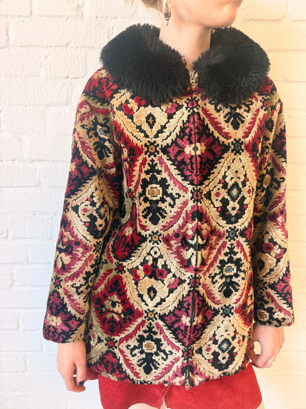 1960s Tapestry Chenille Ski Jacket with Faux Fur Collar