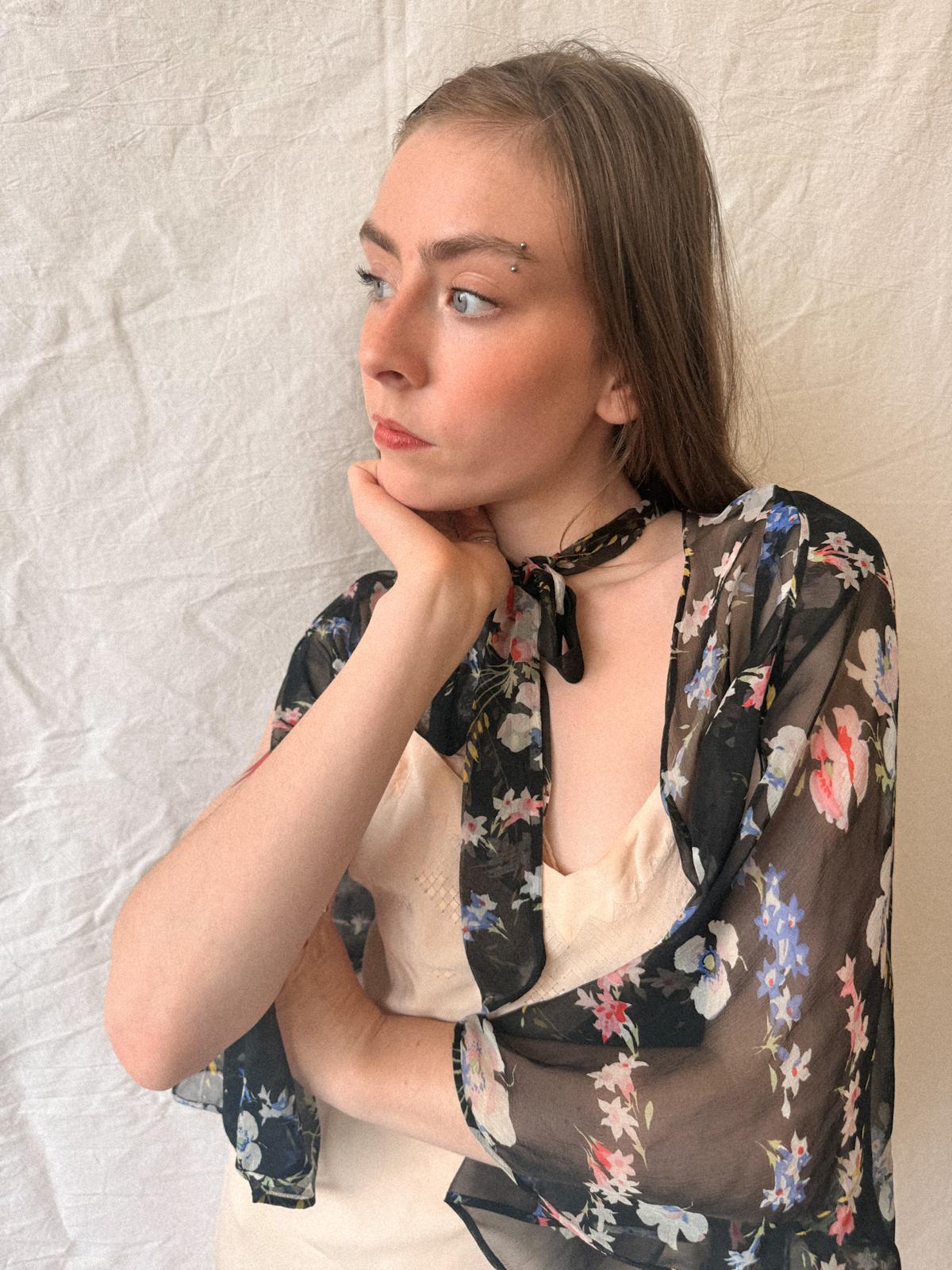 1930s Floral Silk Chiffon Cape Jacket/Bolero