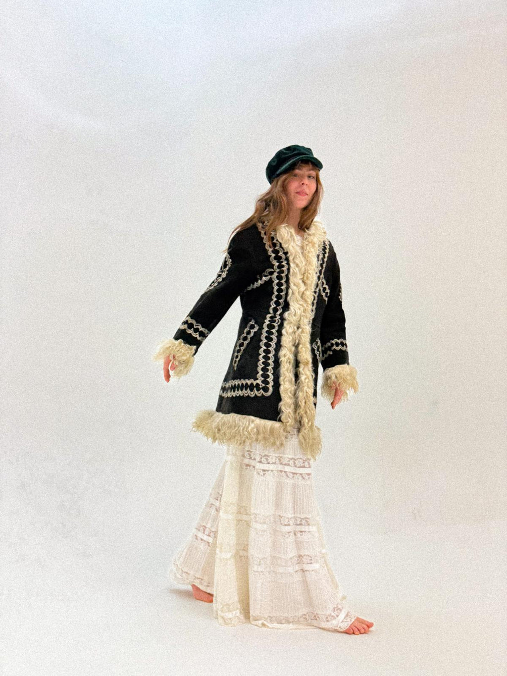 1960s/70s Inky Black Embroidered Afghan Shearling Coat with Lambswool Lining