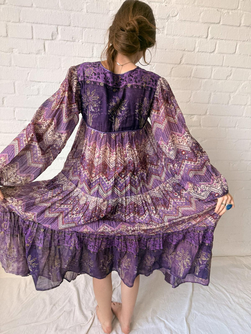1970s Indian Cotton Gauze Maxi Dress with Tree Print and Gold Stamped Details