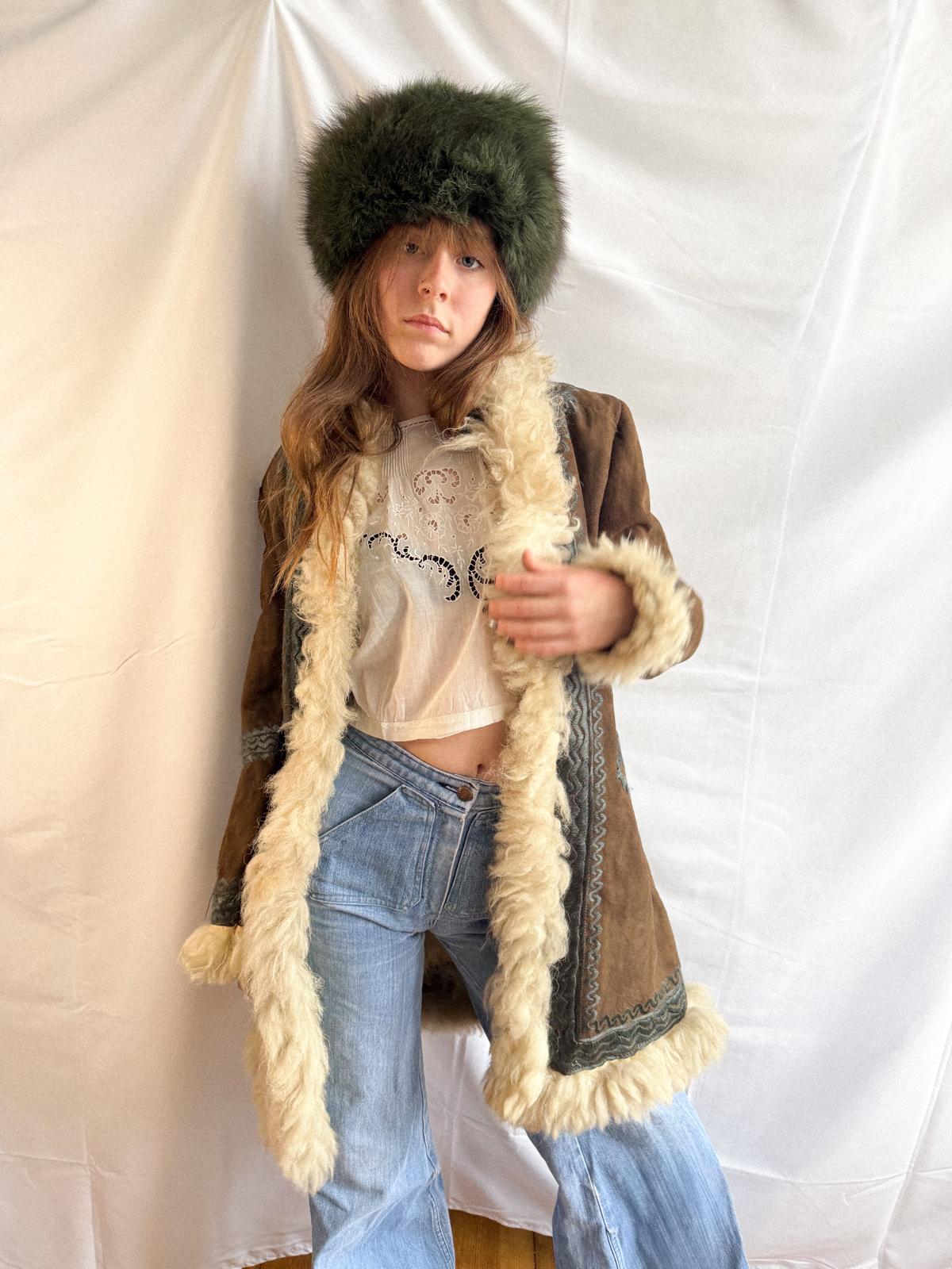 Authentic 1960s Afghan Sheepskin Hippie Coat with Hand Embroidery