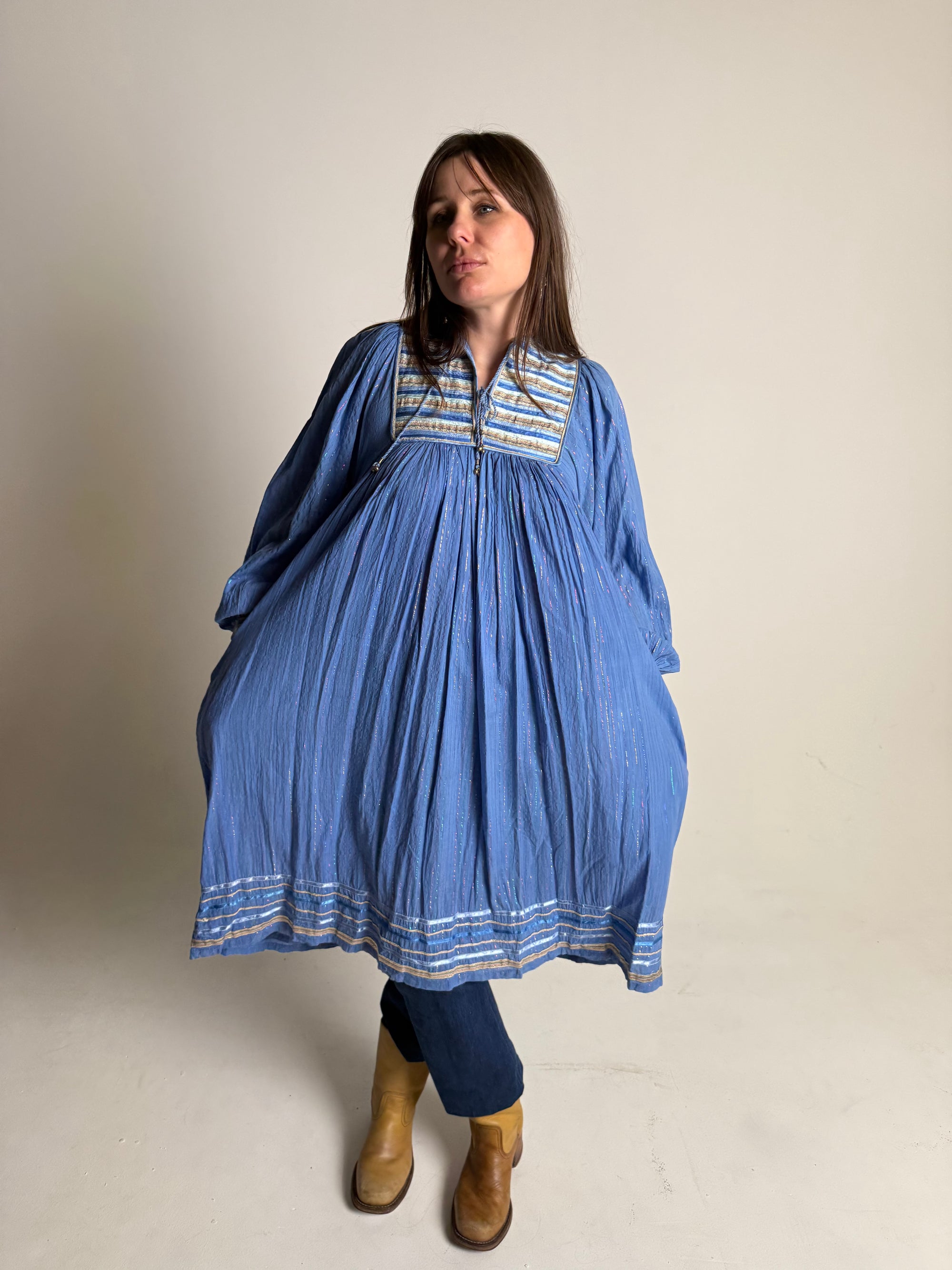 1970s Cotton Gauze and Lurex Dress