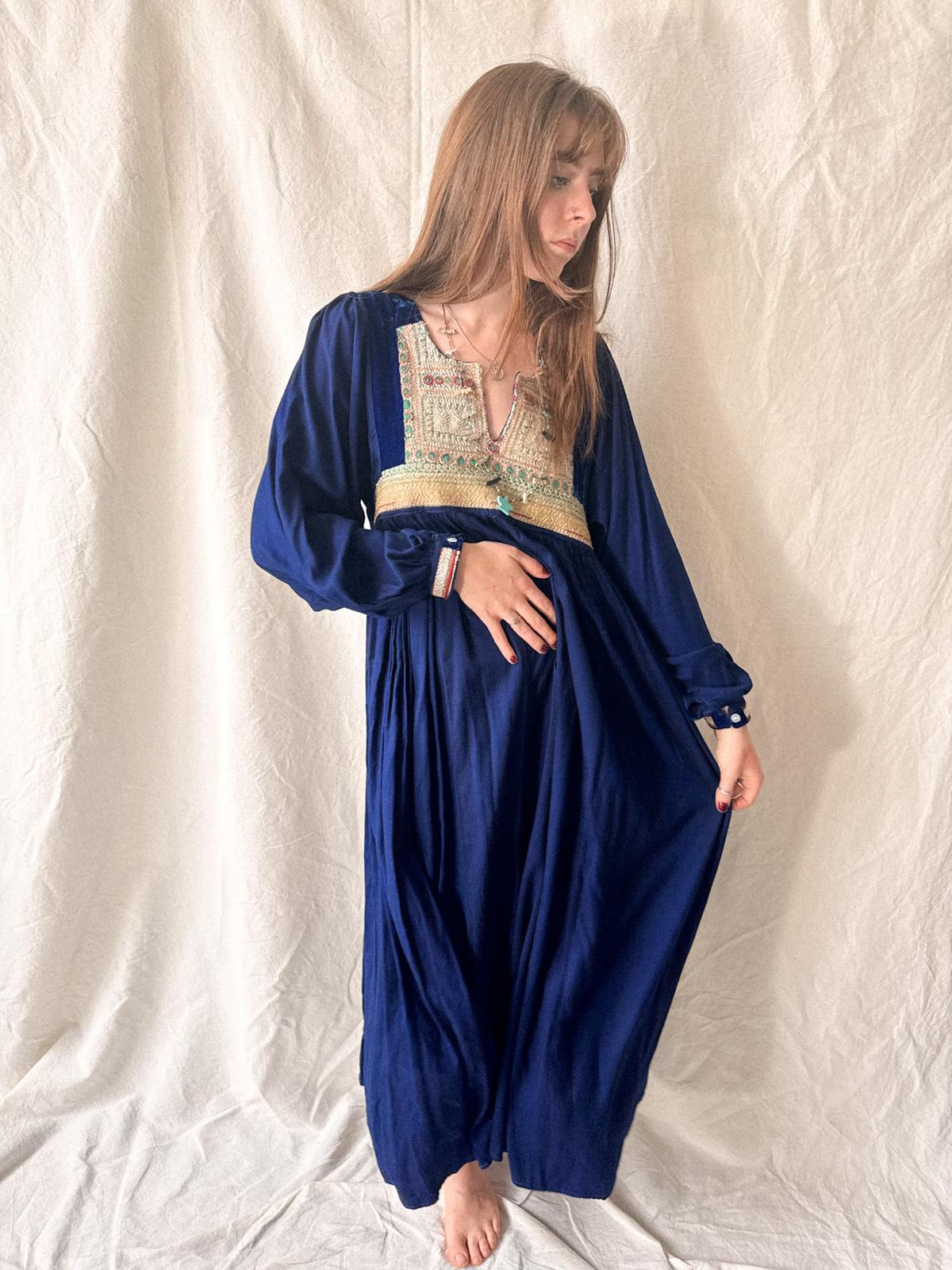 1970s Afghan Folk Dress in Cobalt Blue Velvet & Handworked Tribal Yoke