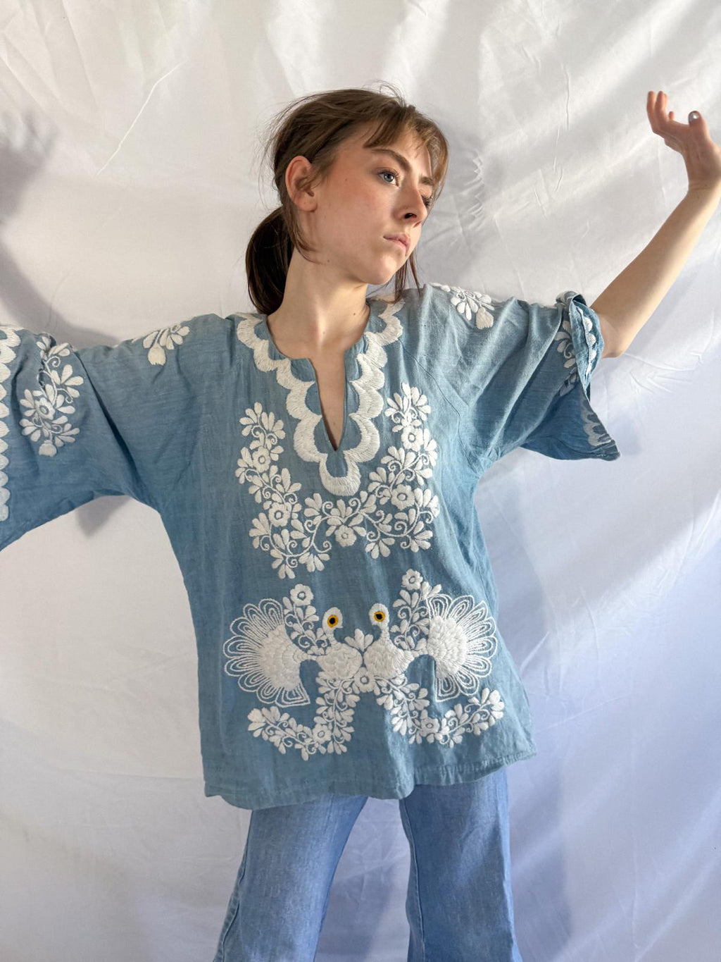 1970s Embroidered Chambray Mexican Tunic Top