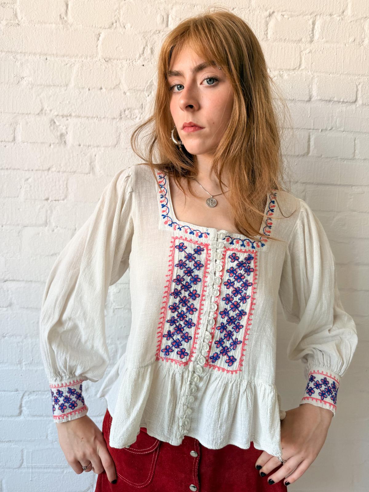 1960s–70s Embroidered Cotton Cheesecloth Peplum Blouse