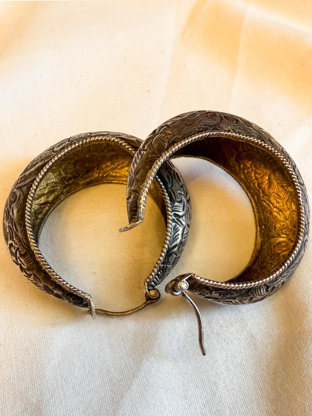 1970s Nepalese Silver Lotus Hoop Earrings