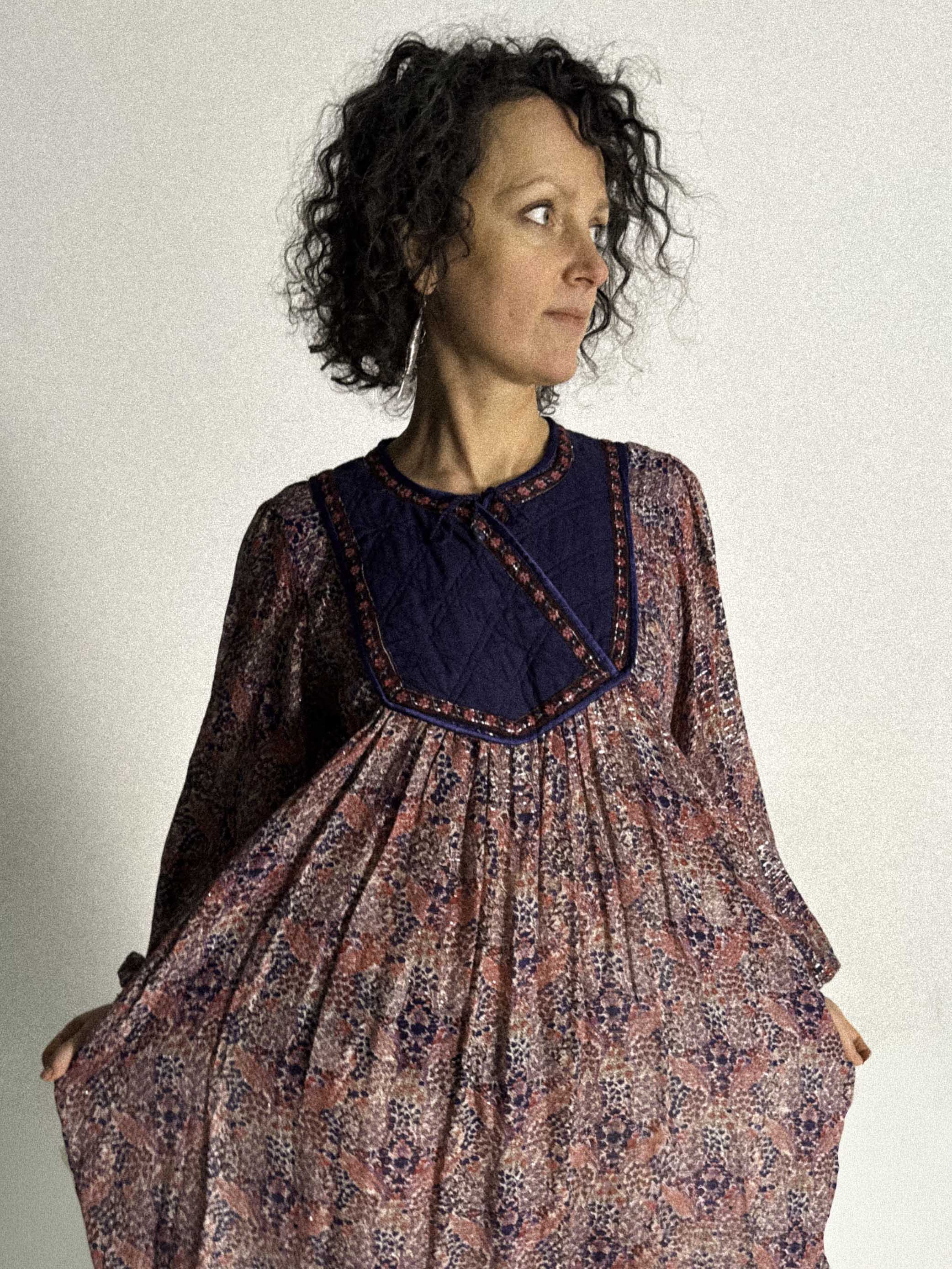 1970s Indian Cotzon Gauze Dress with Silver Lurex and Quilted Yoke