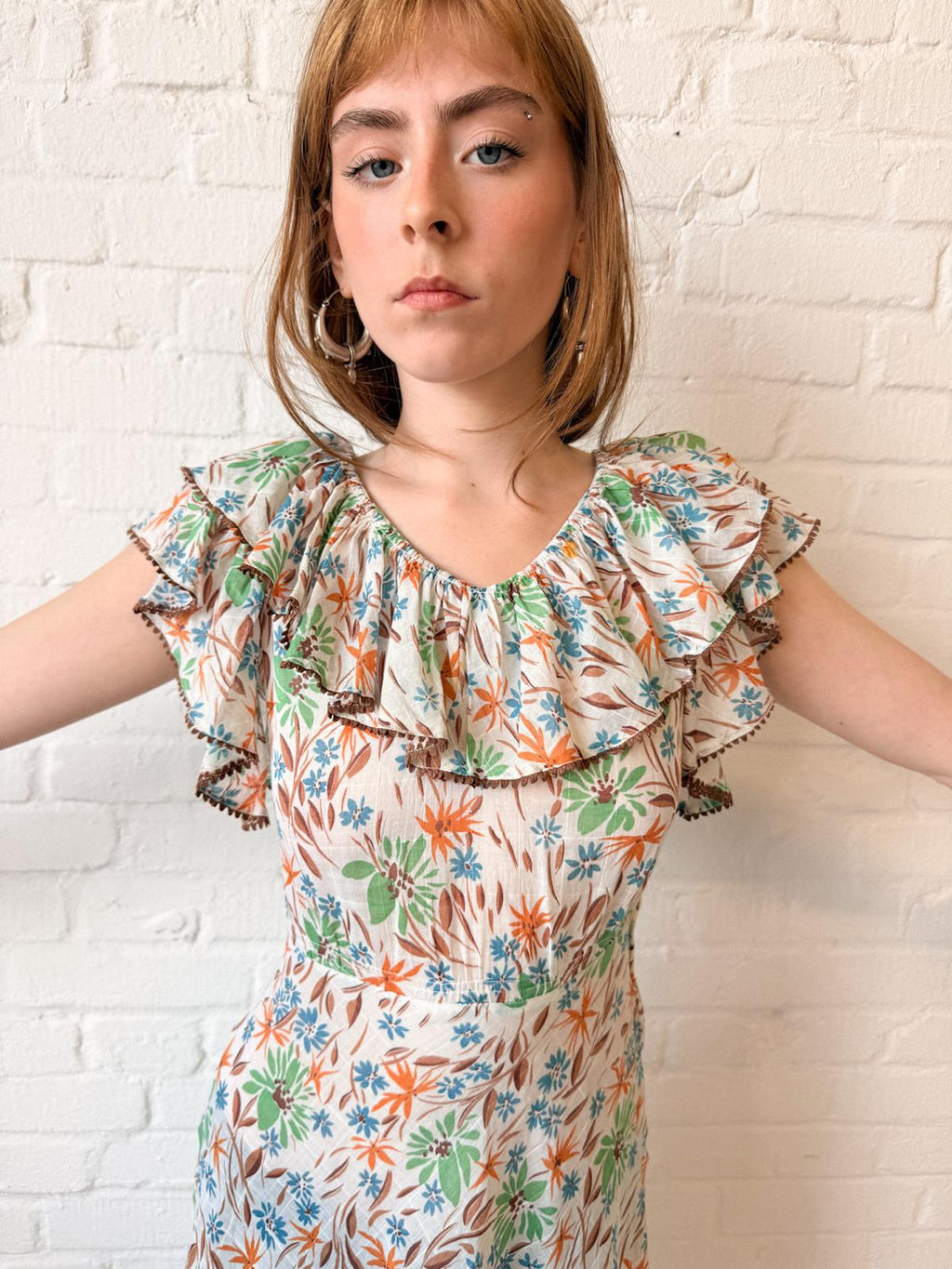 1930s Floral Cotton Voile Dress with Ruffled Neckline and Matching Belt