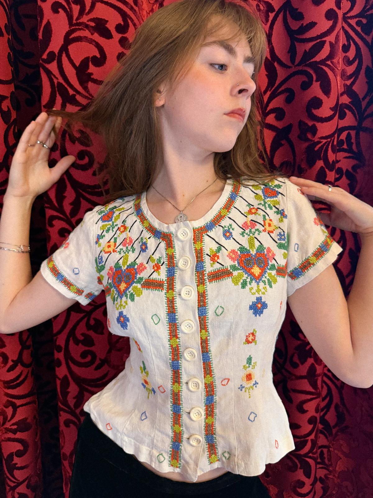 1930s Embroidered Folk Blouse with Tailored Waist and Back Peplum