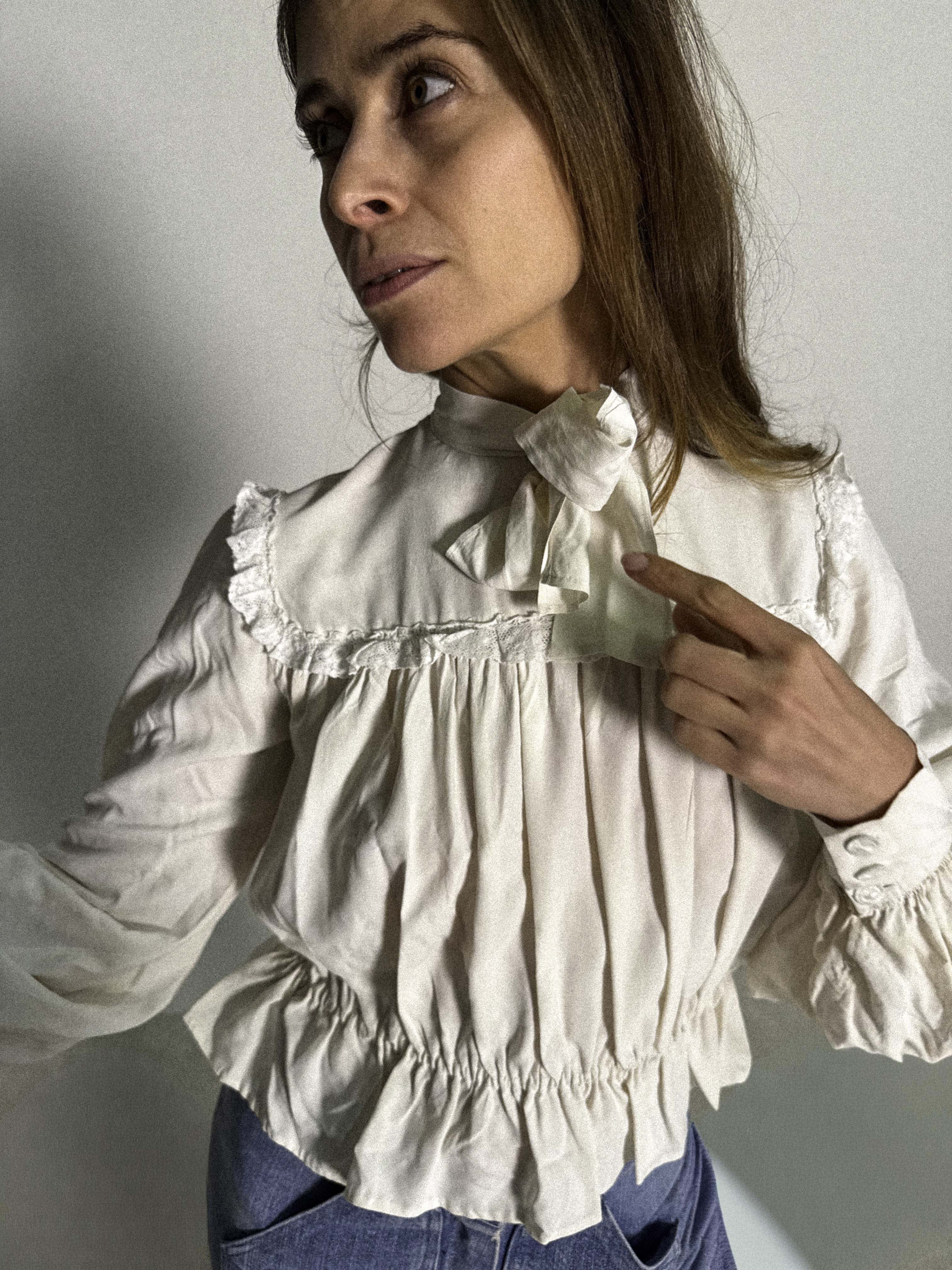 1930s Silk Blouse with Tie Neck and Softly Gathered Silhouette