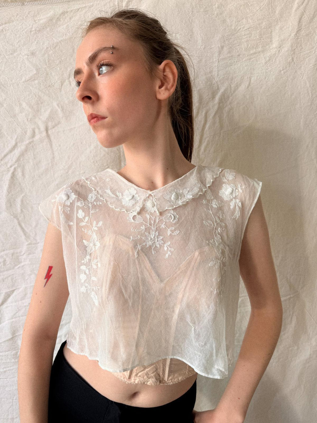 Antique Edwardian French Embroidered Tulle Bodice Blouse | Early 1910s Sheer Net Top