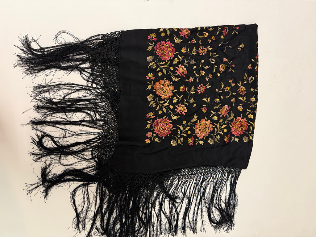 1920s Silk Piano Shawl with Embroidered Peonies