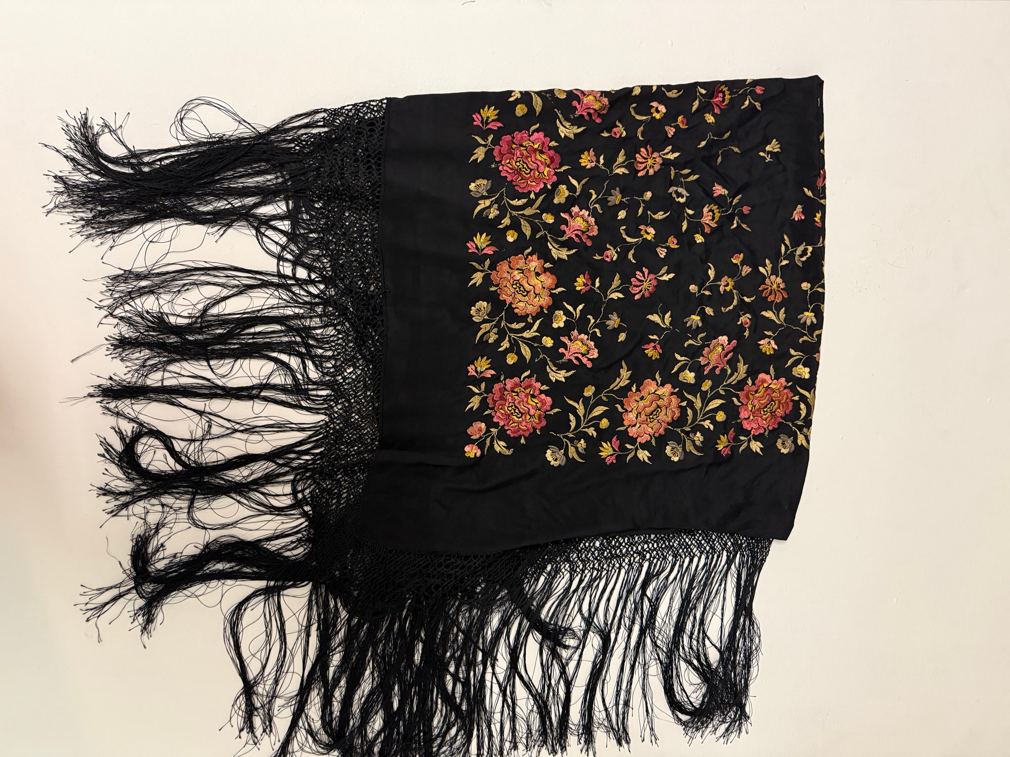 1920s Silk Piano Shawl with Embroidered Peonies