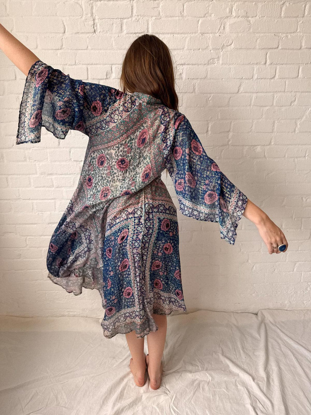 1970s Adini Floral Gauze Gold Lurex Caftan