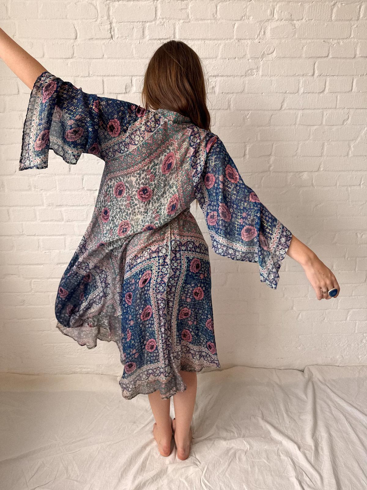 1970s Adini Floral Gauze Gold Lurex Caftan