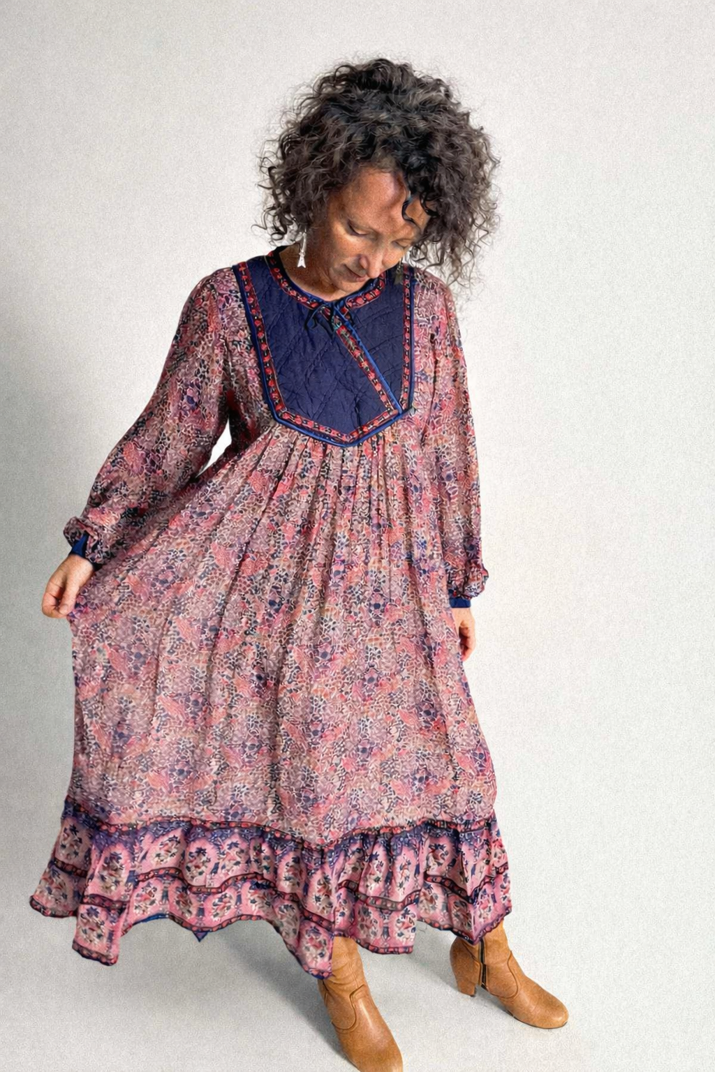 1970s Indian Cotzon Gauze Dress with Silver Lurex and Quilted Yoke