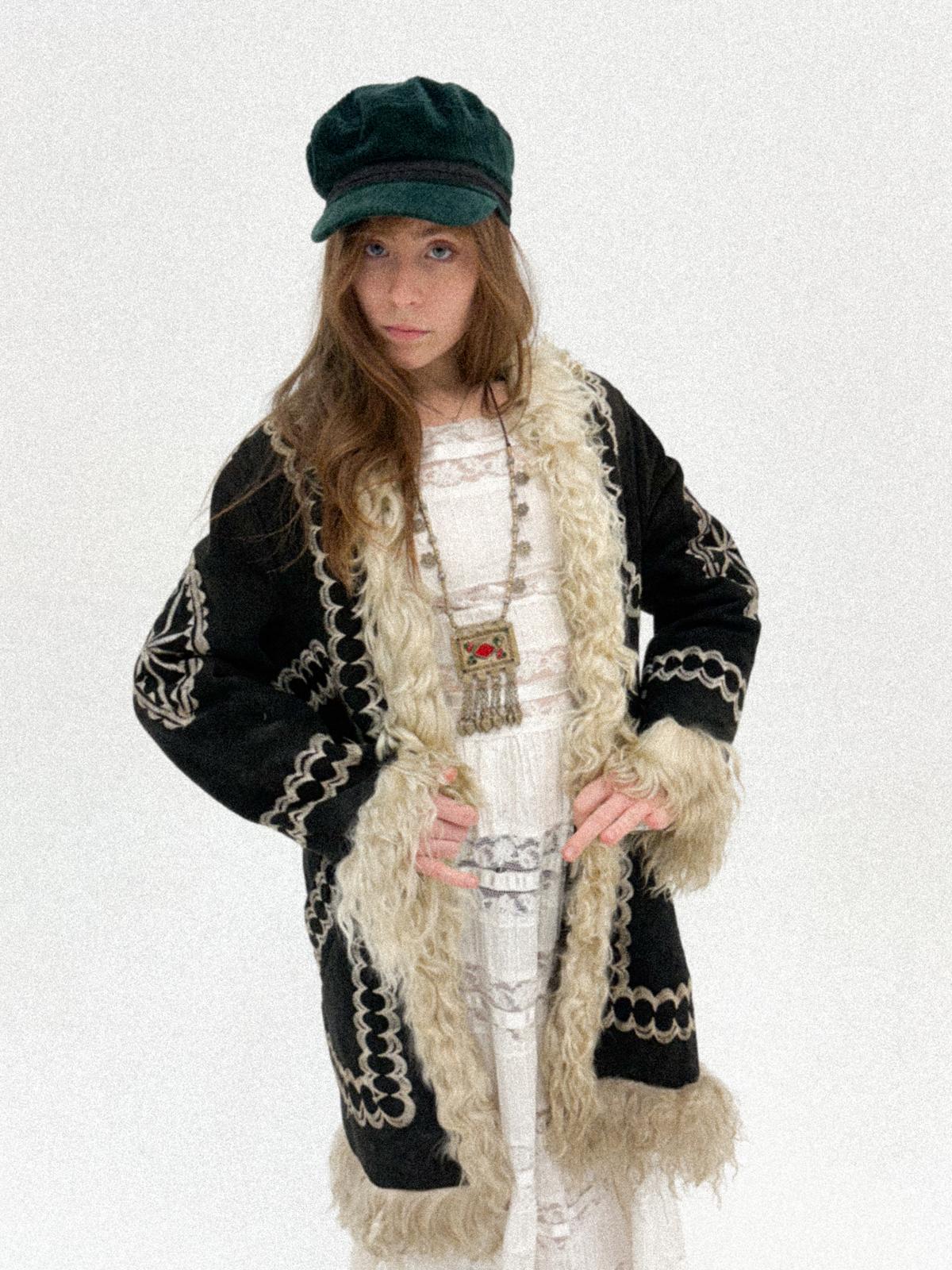 1960s/70s Inky Black Embroidered Afghan Shearling Coat with Lambswool Lining