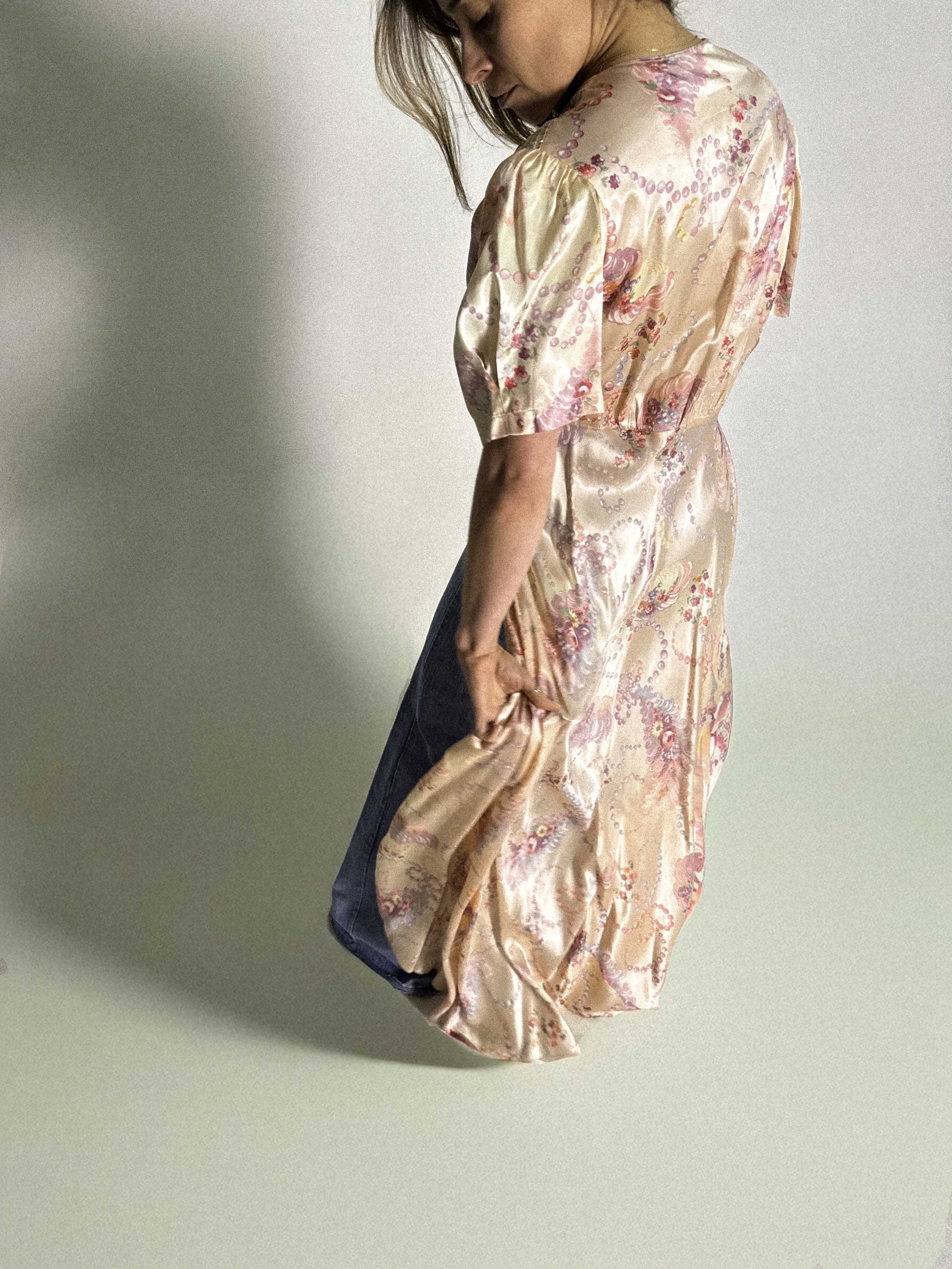 1930s–1940s Satin Peignoir Robe with Flared Panelled Skirt