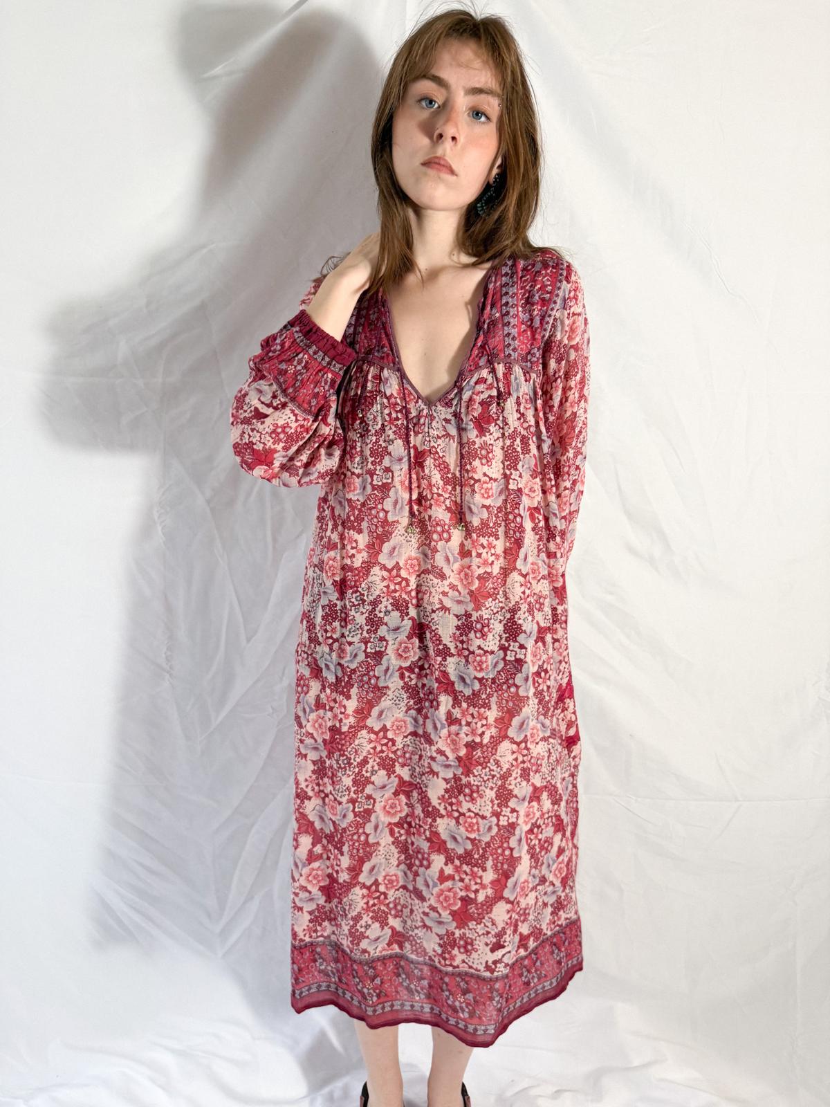 1970s Raspberry Blossom Cotton Gauze Dress