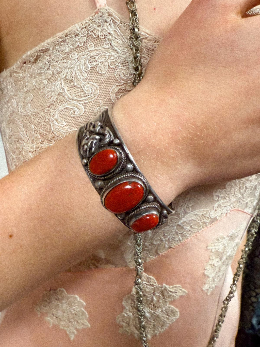 1970s Nepalese Silver & Coral Cuff with Dragon–Serpent Motif