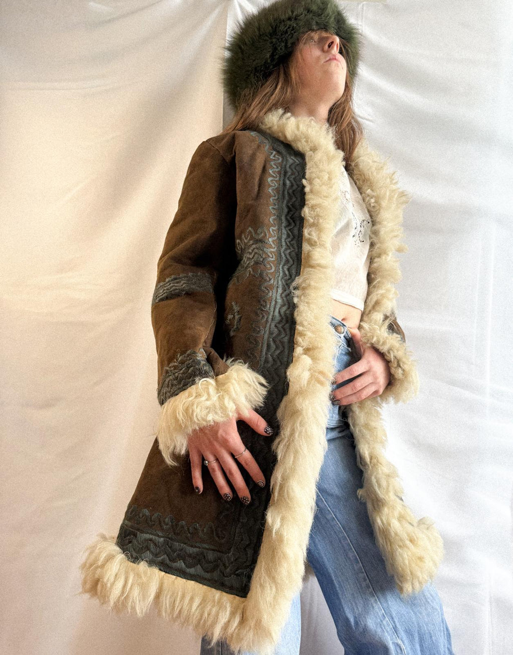 Authentic 1960s Afghan Sheepskin Hippie Coat with Hand Embroidery