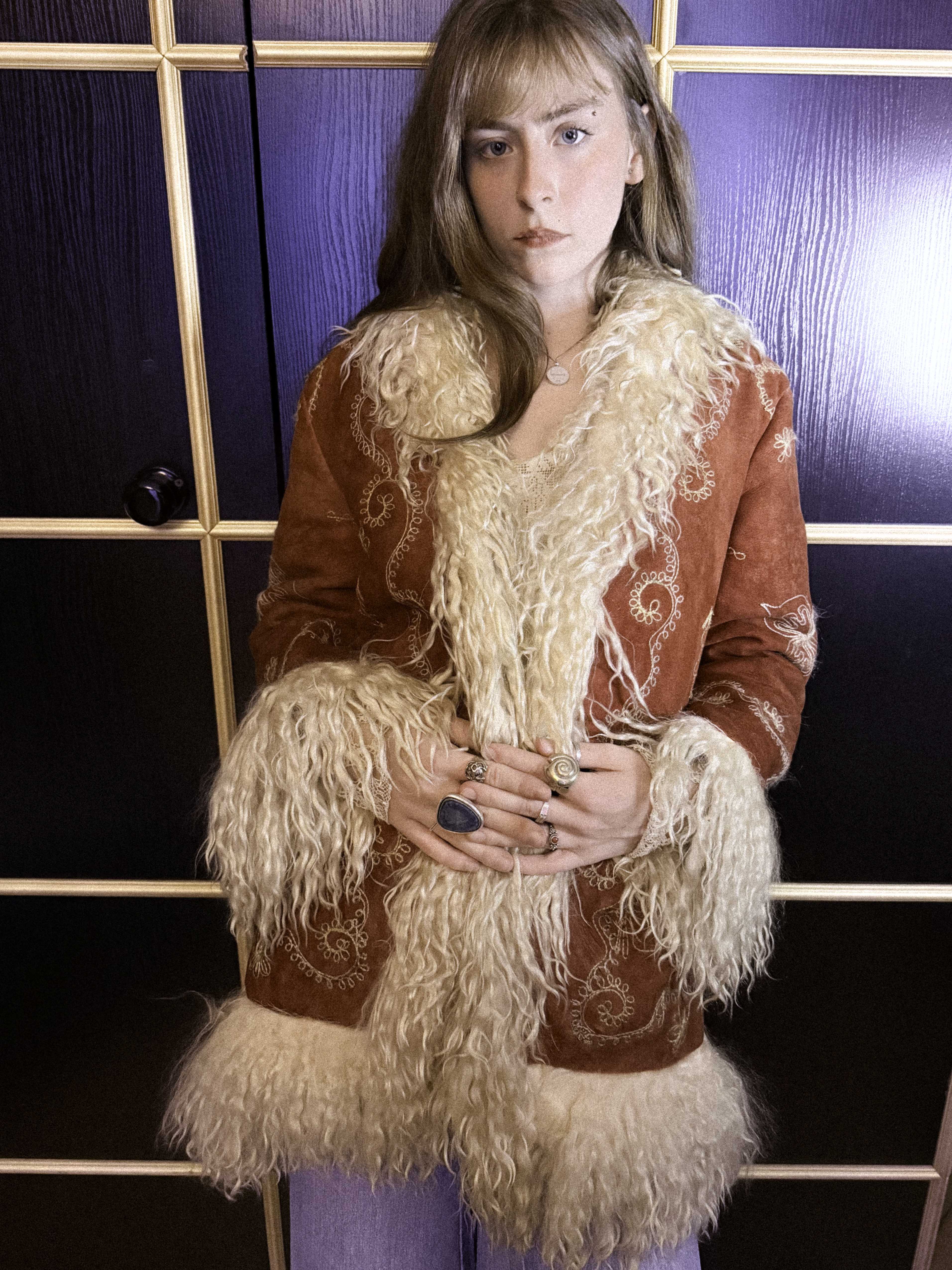 Rare 1960s Afghan Suede Lamb Shearling Penny Lane Coat – Tomato Red with Cream Trimmings