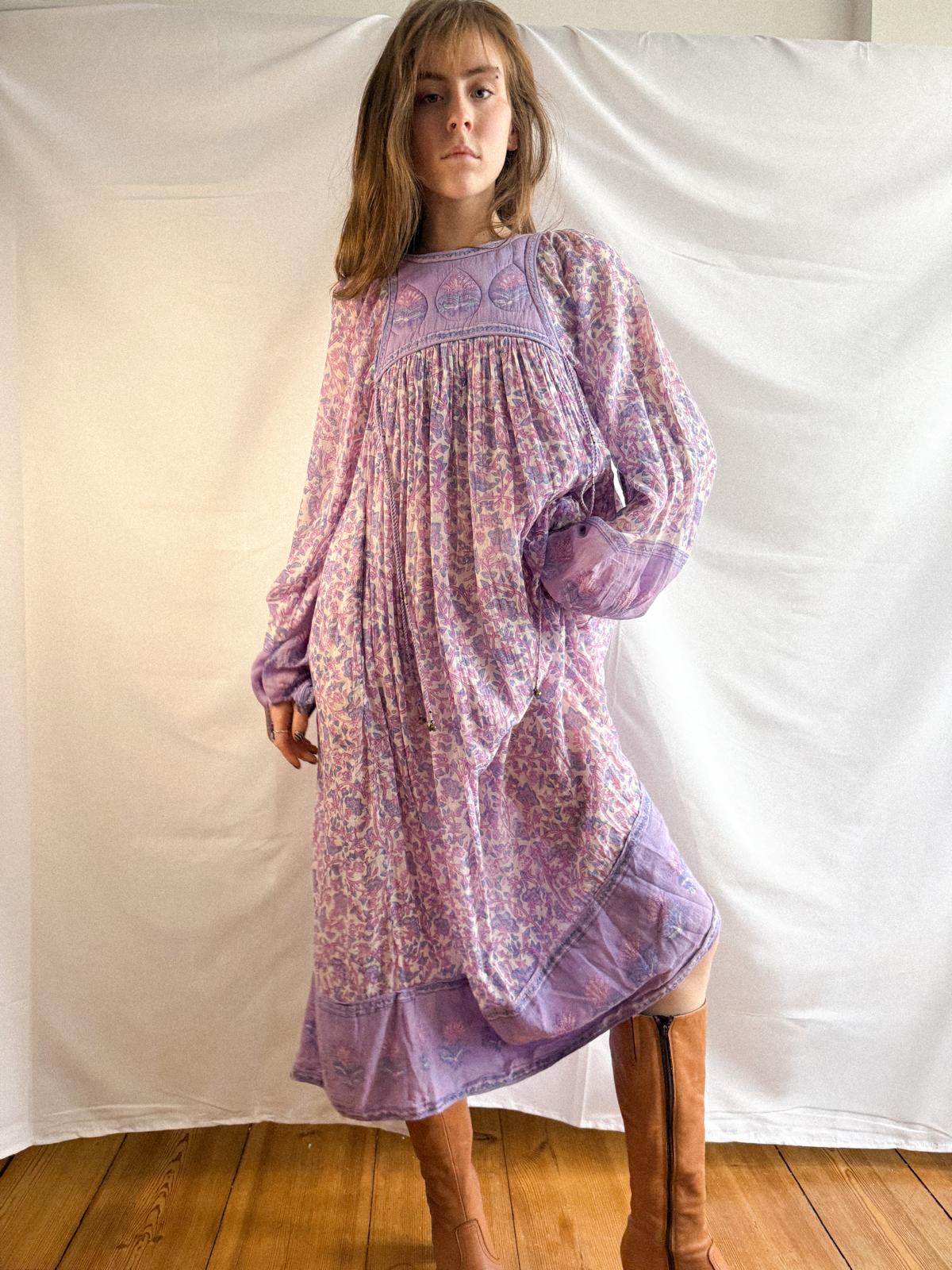 1970s Lavender Indian Cotton Gauze Dress with Quilted Yoke