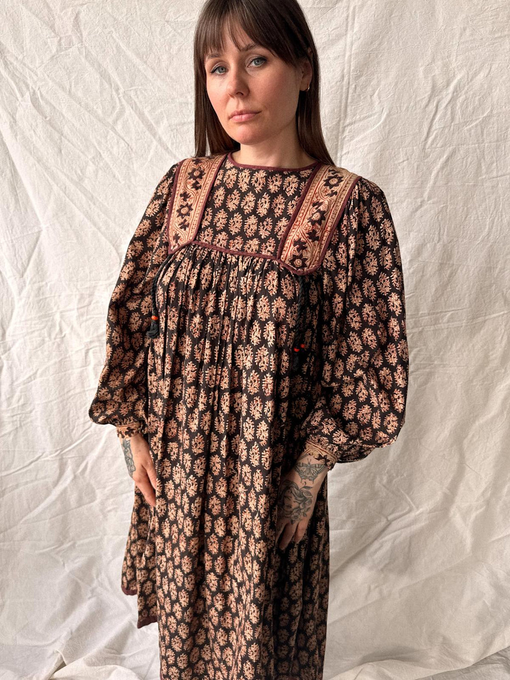 1970s Phool Hand Block Printed Cotton Midi Dress